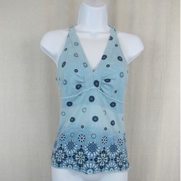 SO Medium Blue Halter Top Floral Ombre Tie Dye Y2K Preppy Kaleidoscope Pattern - Picture 1 of 4